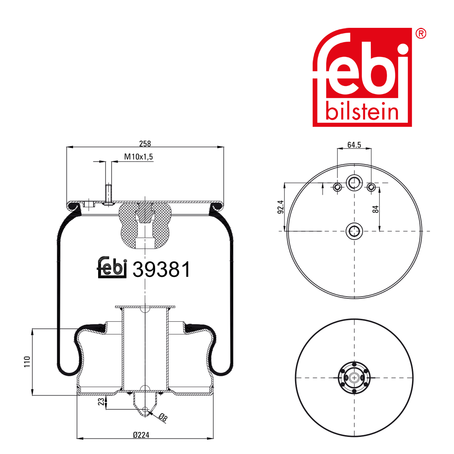 Febi Air Suspension Bellow 224mm Rear Right 39381