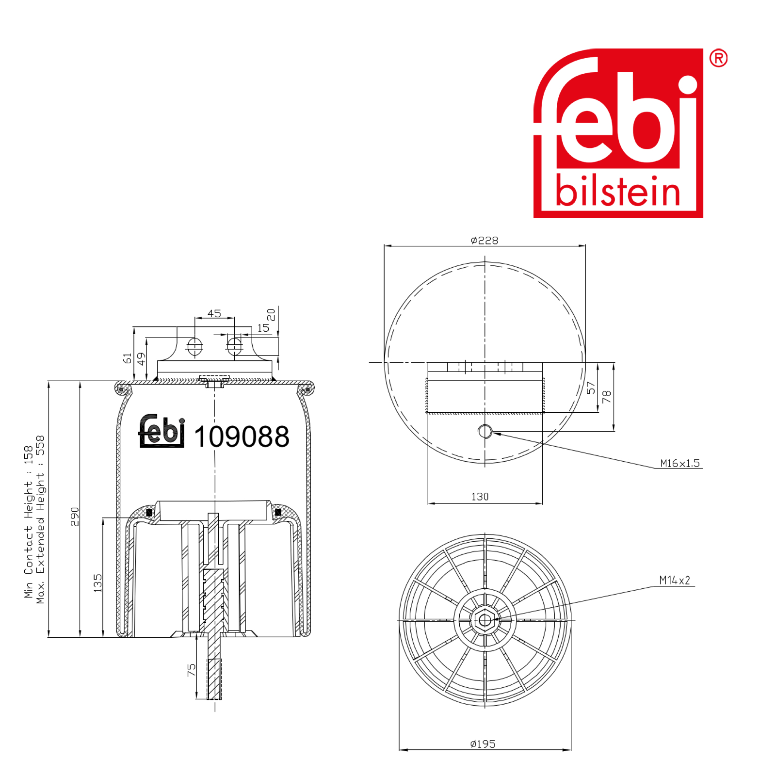 Febi Air Suspension Bellow 195mm Rear 109088