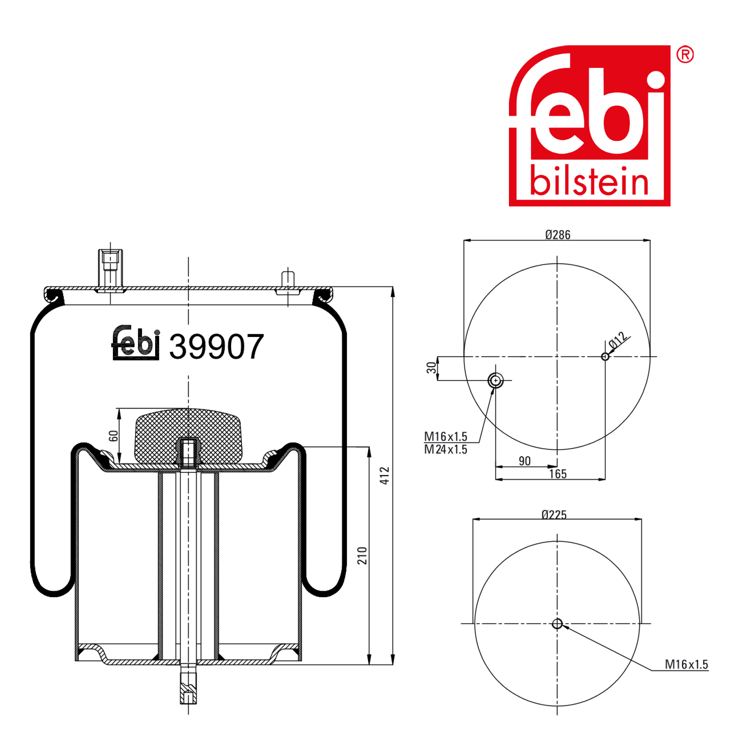 Febi Air Suspension Bellow 225mm Rear Right 39907